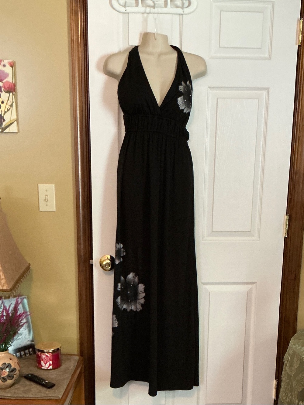 Black Maxi Dress with Silver Floral Accents - Women
